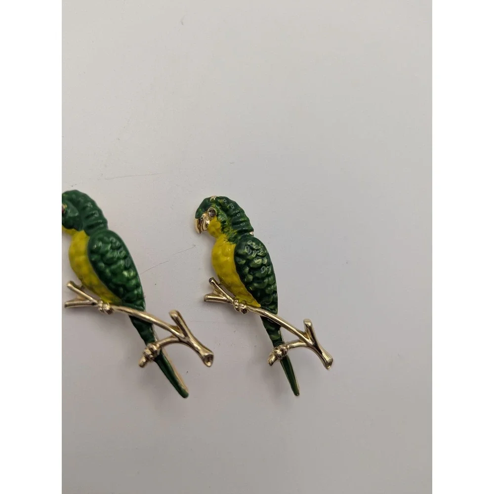 2 Vintage Enamel Parrot Green Yellow Brooch‎ Gold Tone Birds Perched